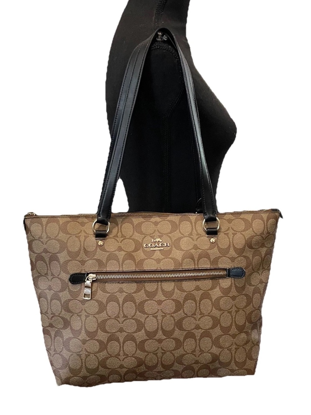 COACH Signature Gallery Tote Khaki Canvas Black Trim Zip Top Shoulder Bag Purse
